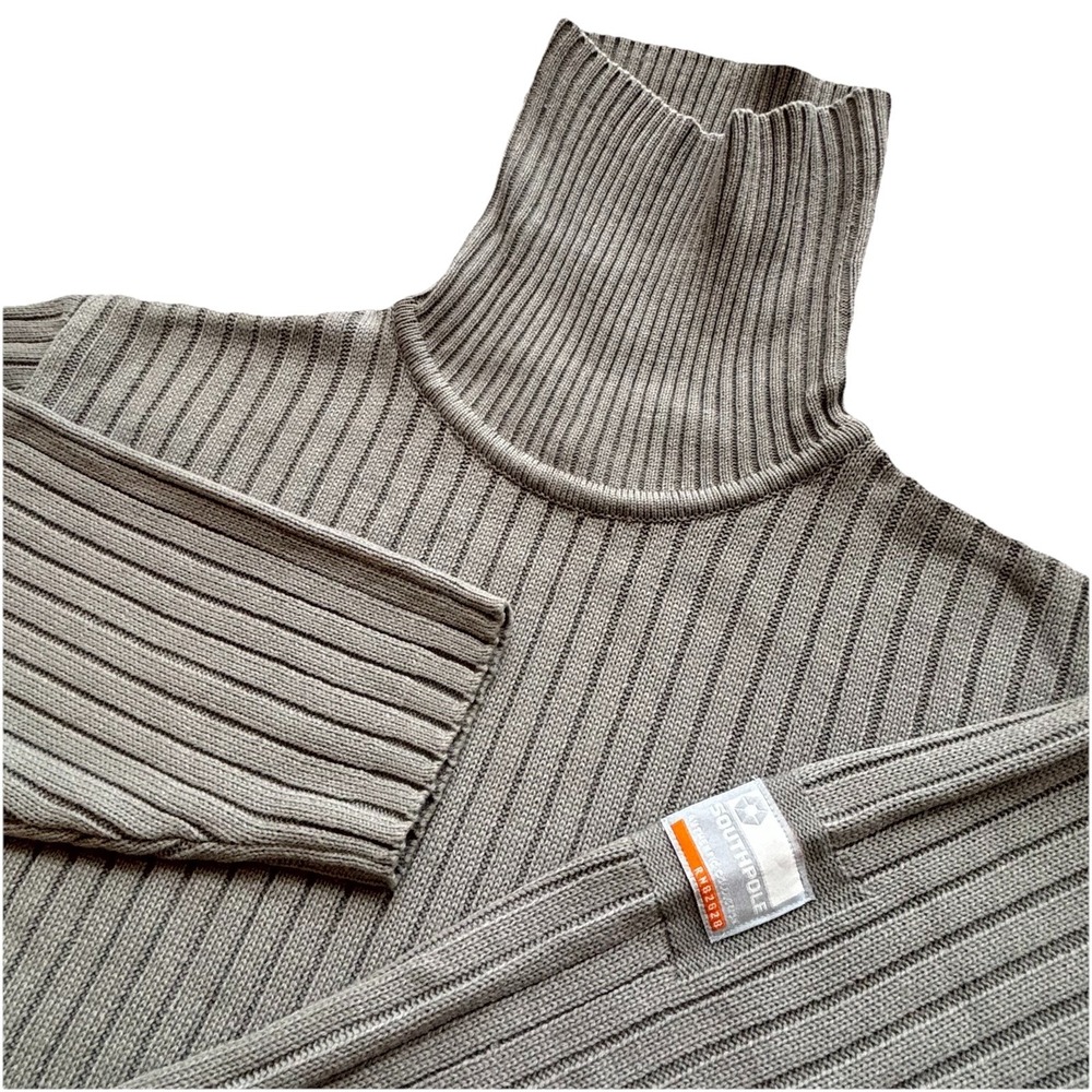 Vintage Southpole Knitted Ribbed Turtleneck‎ Sweater Mens L GRAY Sleeve Logo